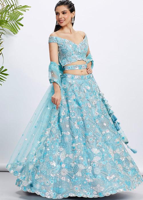 Sky Blue Organza Lehenga Choli with Sequins, Zarkan & Thread Embroidery work