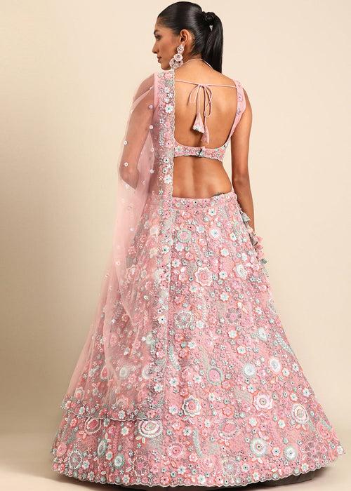 Sweet Pink Net Lehenga Choli with Sequins & Zarkan Embroidery work