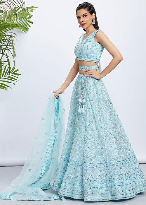 Baby Blue Net Lehenga Choli with Cut-Dana, Sequins & Zarkan Embroidery work