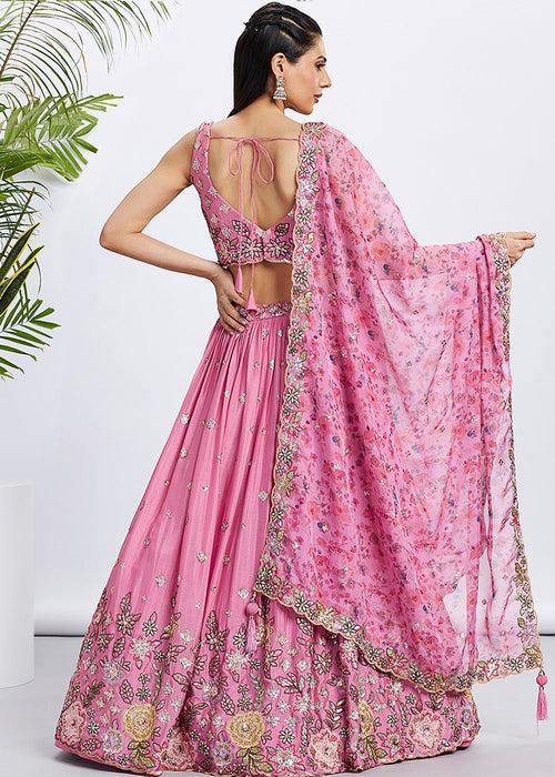 Neon Pink Chiffon Lehenga Choli with Sequins & Thread Embroidery work