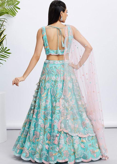 Turquoise Blue Net Lehenga Choli with Sequins & Thread Embroidery work