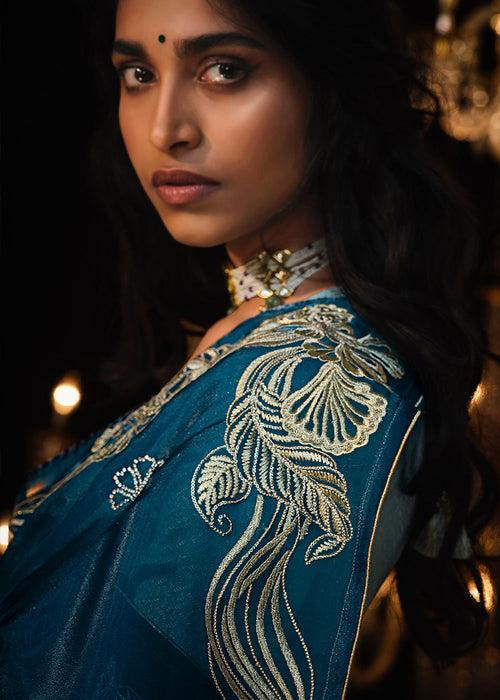 Prussian Blue Satin Silk Saree Embellished with Stone,Sequin,Embroidery & Zarkan work