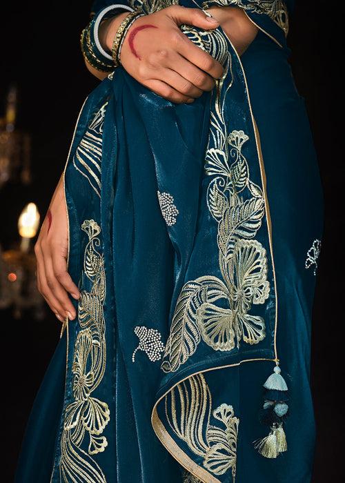 Prussian Blue Satin Silk Saree Embellished with Stone,Sequin,Embroidery & Zarkan work