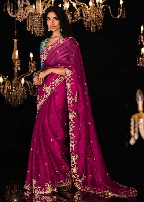 Magenta Pink Satin Silk Saree Embellished with Stone,Sequin,Embroidery & Zarkan work