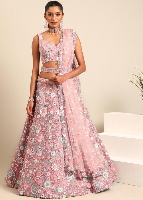 Sweet Pink Net Lehenga Choli with Sequins & Zarkan Embroidery work