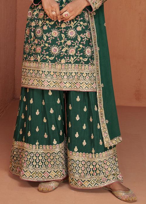 Dark Green Floral Embroidered Chinon Silk Plazzo Suit