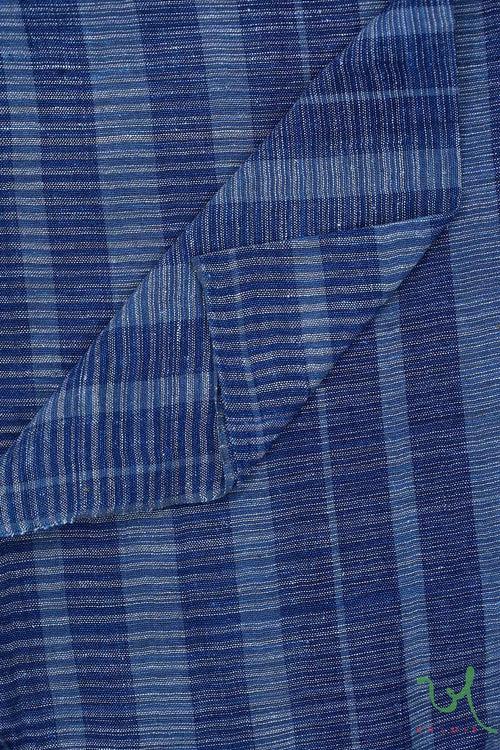 Indigo Dual Shades Stripes Handwoven Kala Cotton Fabric