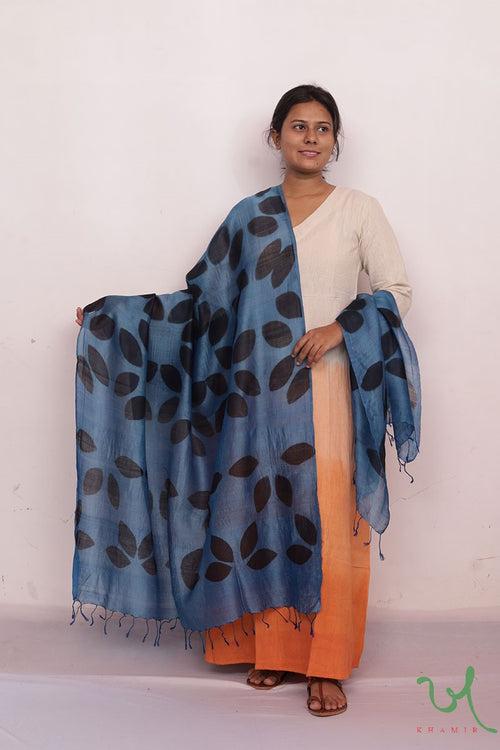 Indigo Leaves Clamp Dye Tussar Silk Dupatta