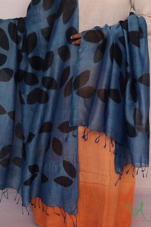 Indigo Leaves Clamp Dye Tussar Silk Dupatta