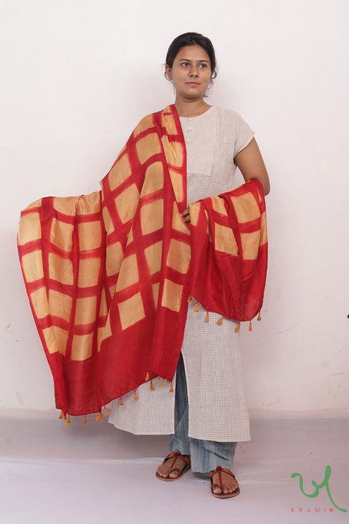 Red Squared Clamp Dye Mulberry Silk Dupatta