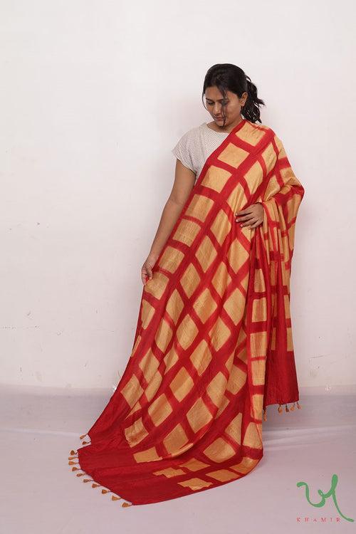 Red Squared Clamp Dye Mulberry Silk Dupatta