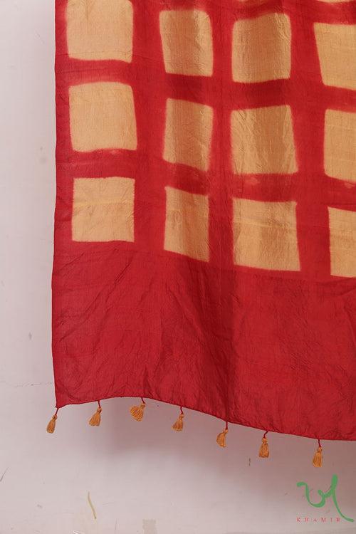 Red Squared Clamp Dye Mulberry Silk Dupatta