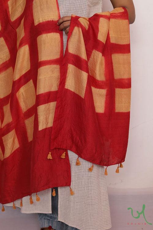 Red Squared Clamp Dye Mulberry Silk Dupatta