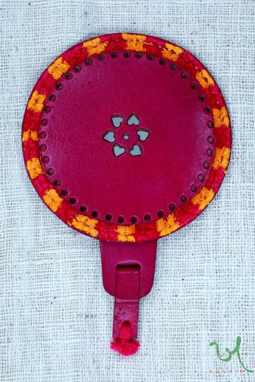 Pink Round Handmade Leather Pocket Mirror