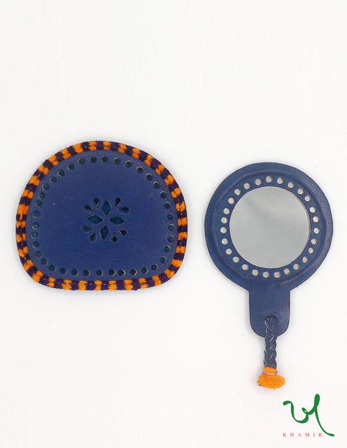 Blue Handcrafted Leather Mirror With an O-shaped Pouch