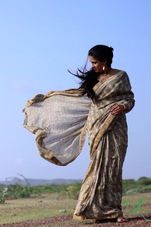 Silk & Linen 'Mustard Fields' Batik Saree