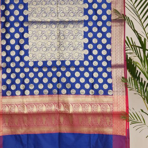 Blue- Red Pure Katan silk Handloom Banarasi Suit - Ensemble