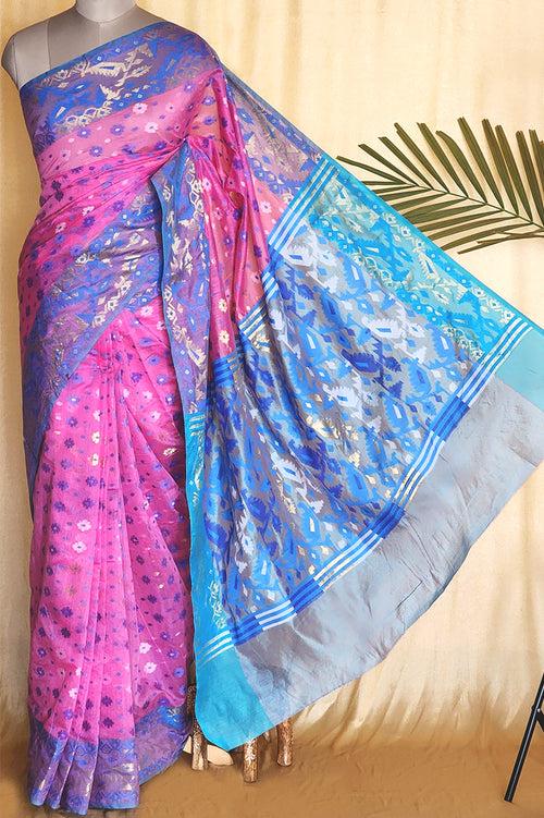 Pink And Blue Dhakai Jamdani Saree