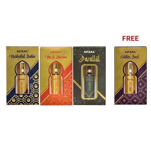 NON ALCOHOLIC MUKHALLAT BADAR, PARALLEL, MUSK DHIRAM FREE GOLDEN DUST ATTAR