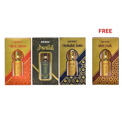 NON ALCOHOLIC MUKHALLAT BADAR,  MUSK DHIRAM, PARALLEL FREE WHITE OUDH ATTAR