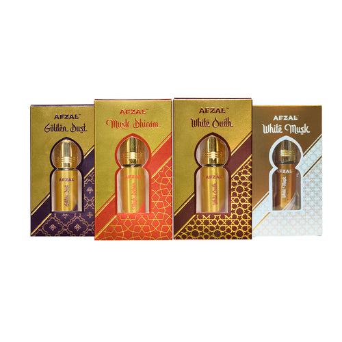 AFZAL-ATTAR GOLDEN DUST, MUSK DHIRAM ,WHITE MUSK & WHITE OUDH ATTAR (COMBO PACK 6ML*4) ROLL-ON PERFUME OIL FOR MEN AND WOMEN