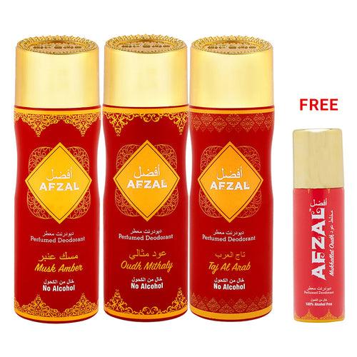 AFZAL Standard Non Alcoholic Oudh Mithaly, Taj Al Arab & Musk Amber Deodorant + 50ML MUKHALLAT OUDH (Pack Of 3)