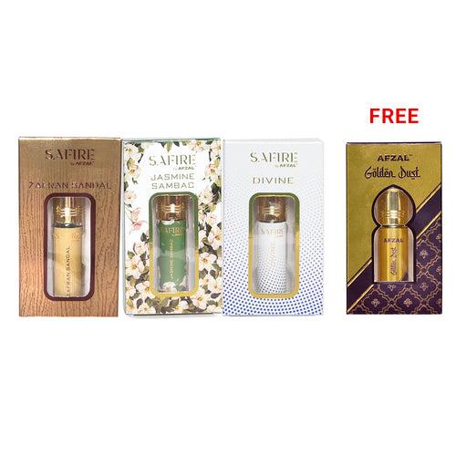 NON ALCOHOLIC ATTAR JASMINE SAMBAC,ZAFRAN SANDAL,DIVINE (PACK OF 3) + GOLDEN DUST ATTAR