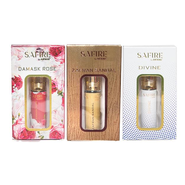 SAFIRE DAMASK ROSE, ZAFRAN SANDAL & DIVINE ATTAR (COMBO PACK 6ML*3) ROLL-ON ALCOHOL FREE PERFUME OIL FOR MEN AND WOMEN