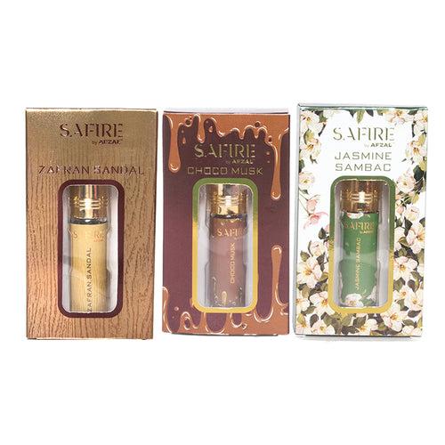 SAFIRE ZAFRAN SANDAL, CHOCO MUSK & JASMINE SAMBAC ATTAR (COMBO PACK 6ML*3) ROLL-ON ALCOHOL FREE PERFUME OIL FOR MEN AND WOMEN