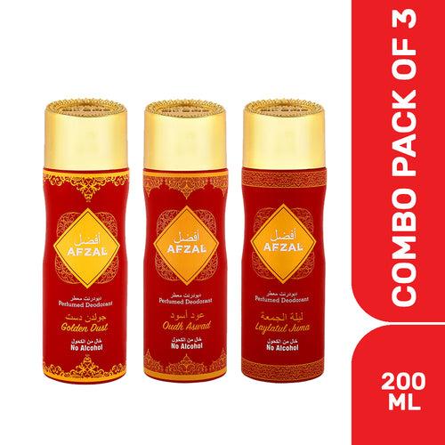 AFZAL Non Alcoholic Golden Dust, Oudh Aswad, Laylatul Jumat Deodorant 200ml (Pack of 3)