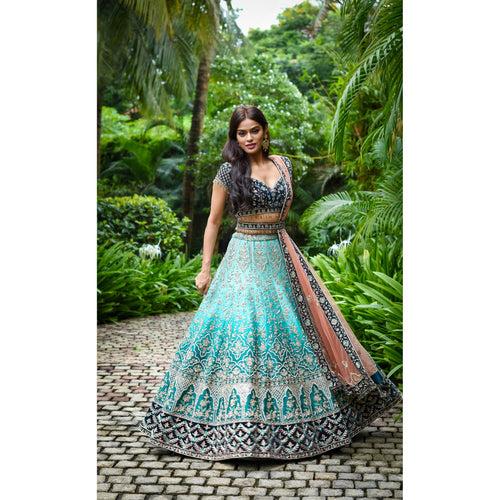 Turquoise Teal Archaic Lehenga Set