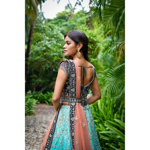 Turquoise Teal Archaic Lehenga Set