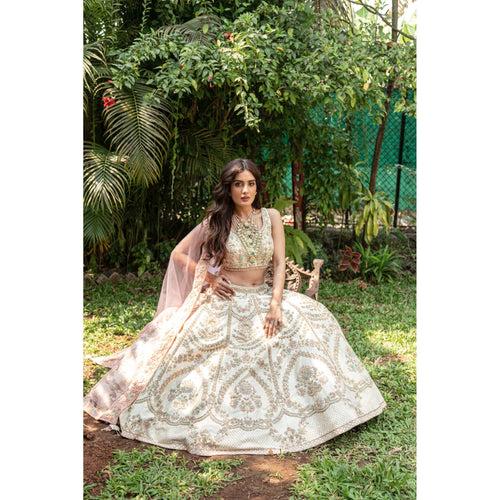 Ivory And Blossom Pink Archaic Lehenga Set