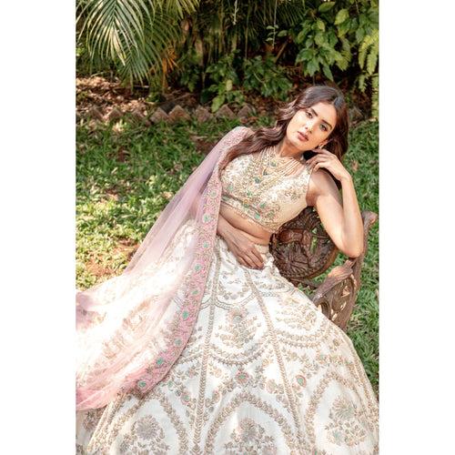 Ivory And Blossom Pink Archaic Lehenga Set