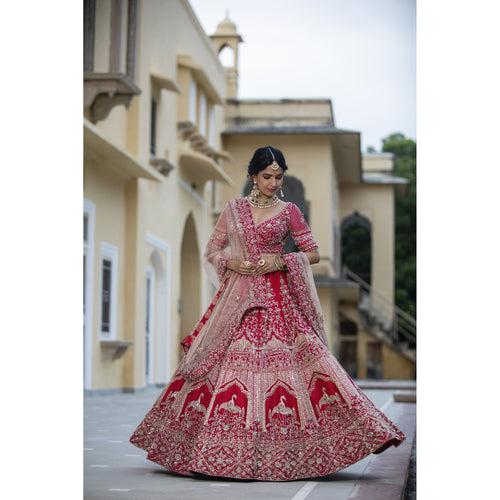 Red Raw Silk Bridal Lehenga Choli Set