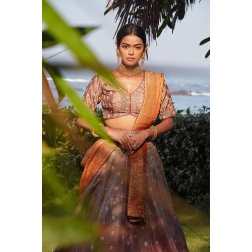 Sonya -  Rust Ombre Benarasi Lehenga Set