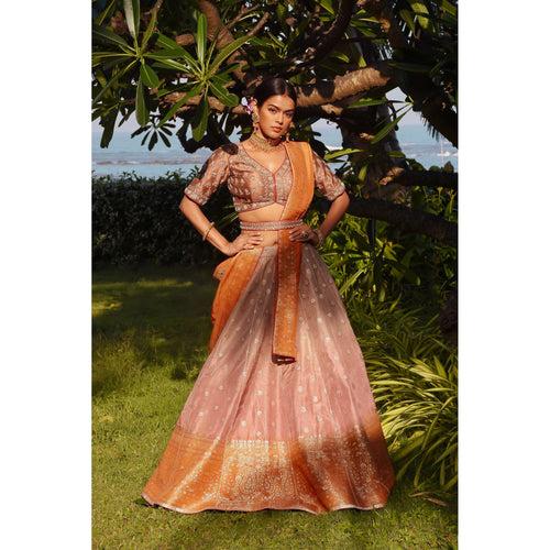 Sonya -  Rust Ombre Benarasi Lehenga Set