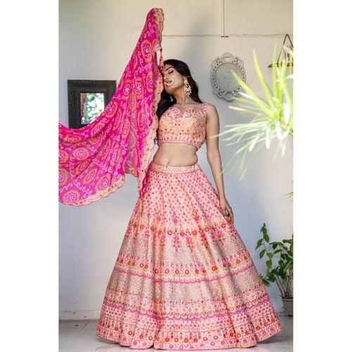 Coral And Pink Resham Lehenga Set