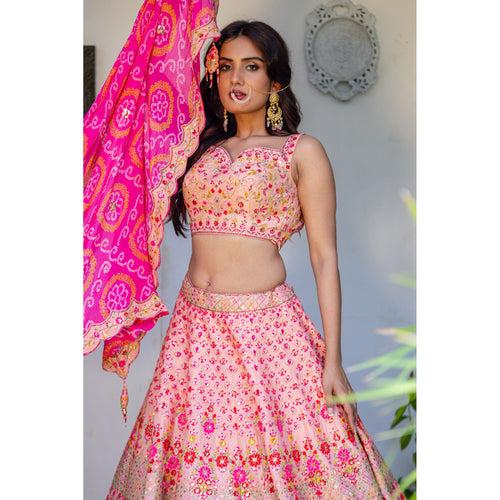 Coral And Pink Resham Lehenga Set