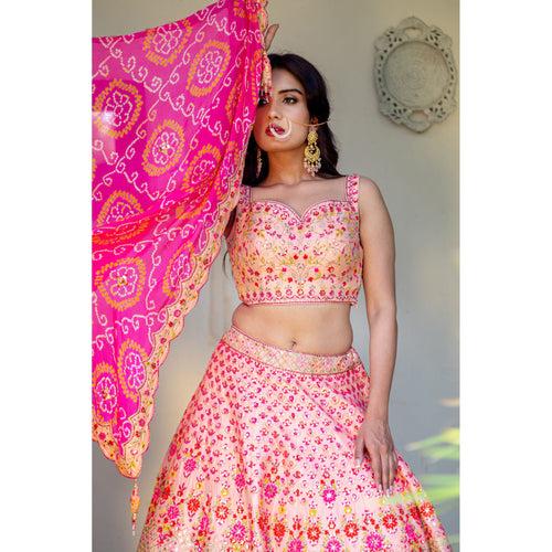 Coral And Pink Resham Lehenga Set