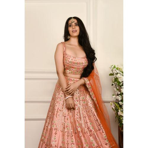 Peach Orange Ombre Mirrorwork Lehenga Set