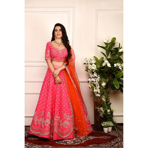 Hot Pink And Vermillion Zardozi Lehenga Set