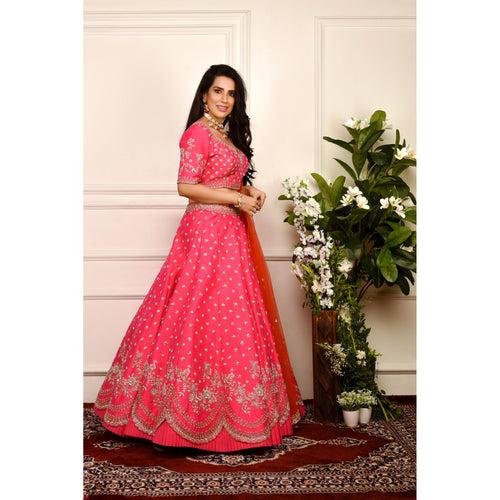 Hot Pink And Vermillion Zardozi Lehenga Set