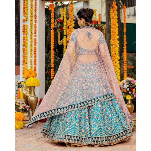 Deep Cyan Floral Bridal Lehenga Set