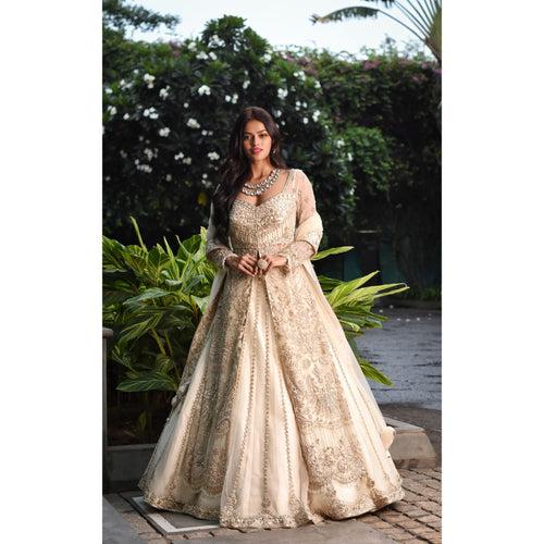 Ivory And Gold Anarkali Lehenga Set