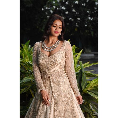 Ivory And Gold Anarkali Lehenga Set