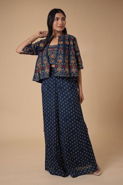 Printed Chinon Indowestern with Embroidered work