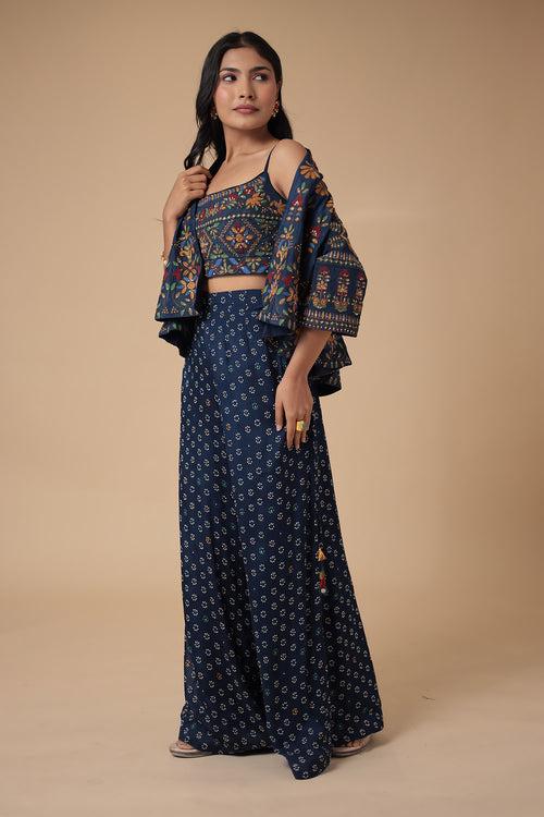 Printed Chinon Indowestern with Embroidered work