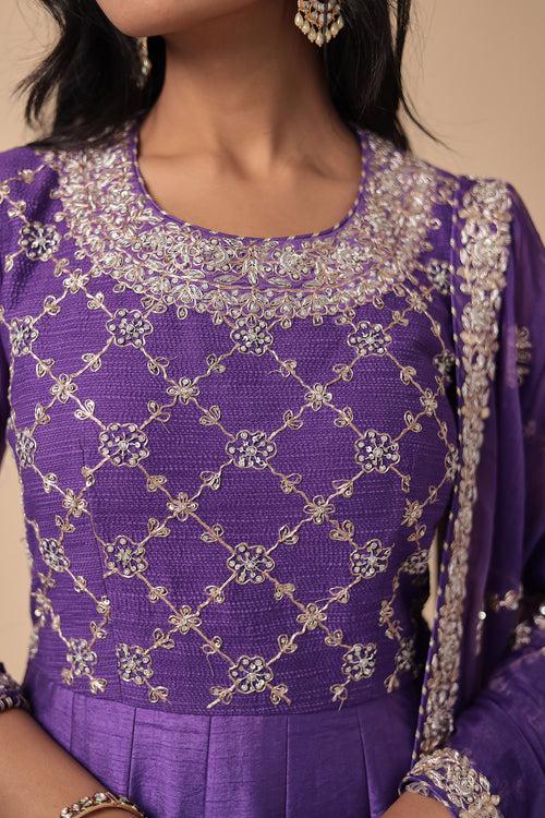 Raw Silk Anarkali Suit Embellished with Pearl and Zardozi work