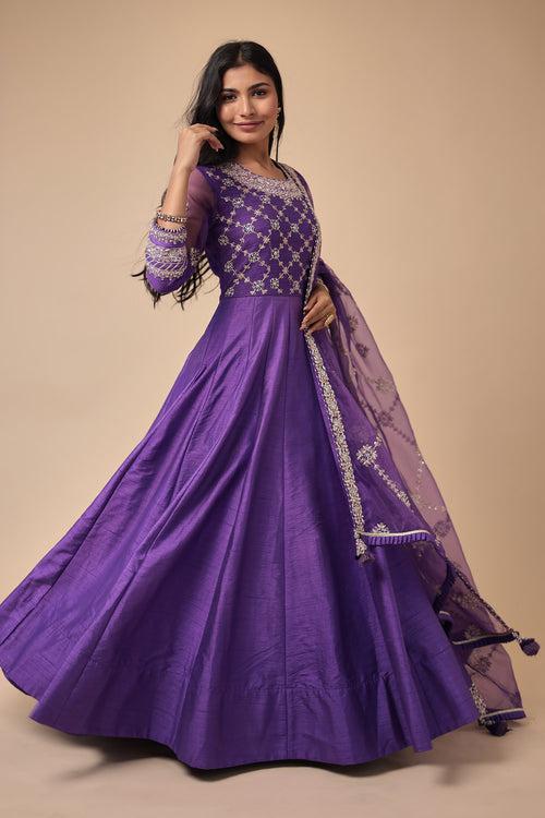 Raw Silk Anarkali Suit Embellished with Pearl and Zardozi work